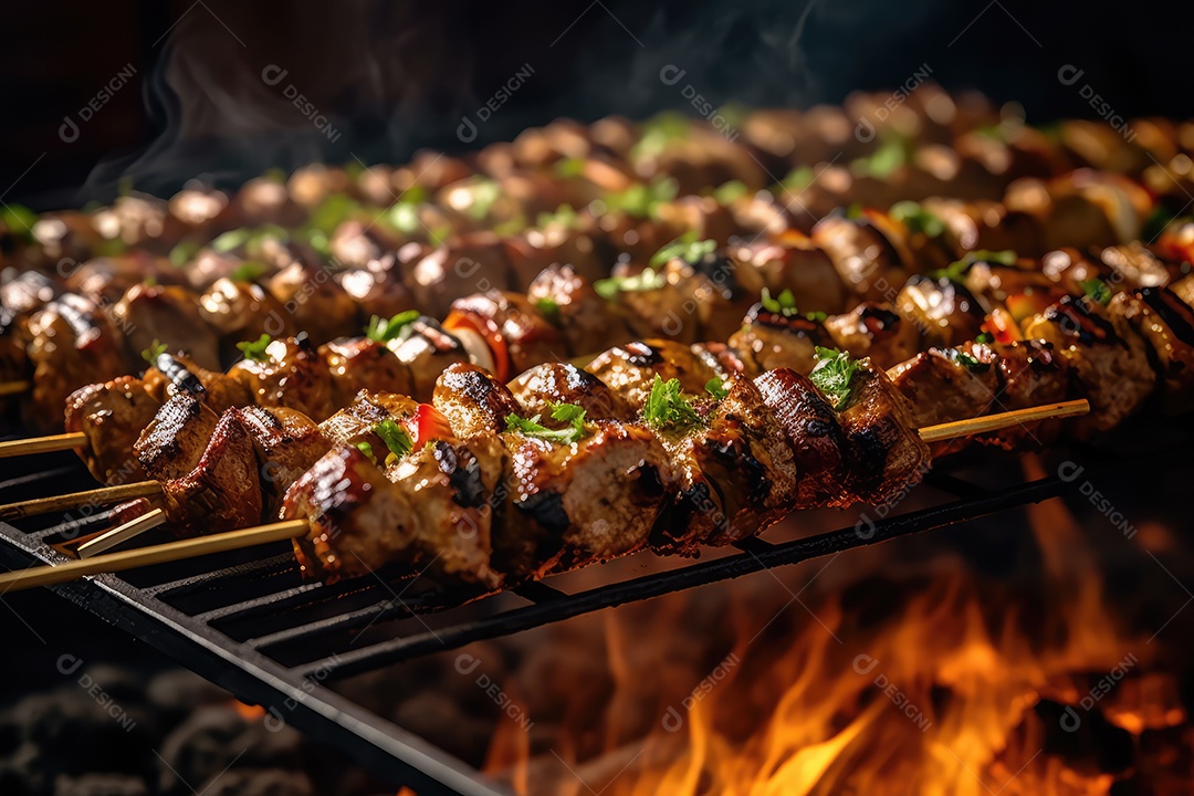 Bife de alcatra em pedaços no espeto na grelha, comida de churrasco.
