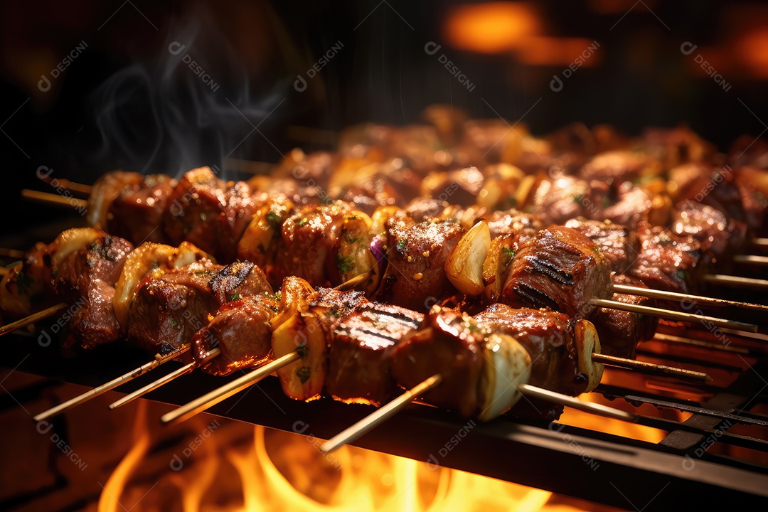 Bife de alcatra em pedaços no espeto na grelha, comida de churrasco.