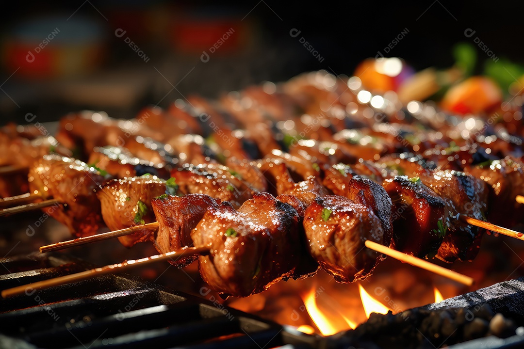 Bife de alcatra em pedaços no espeto na grelha, comida de churrasco.