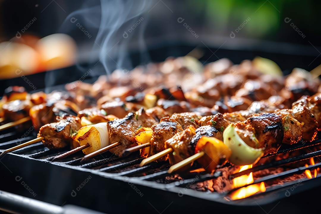 Bife de alcatra em pedaços no espeto na grelha, comida de churrasco.