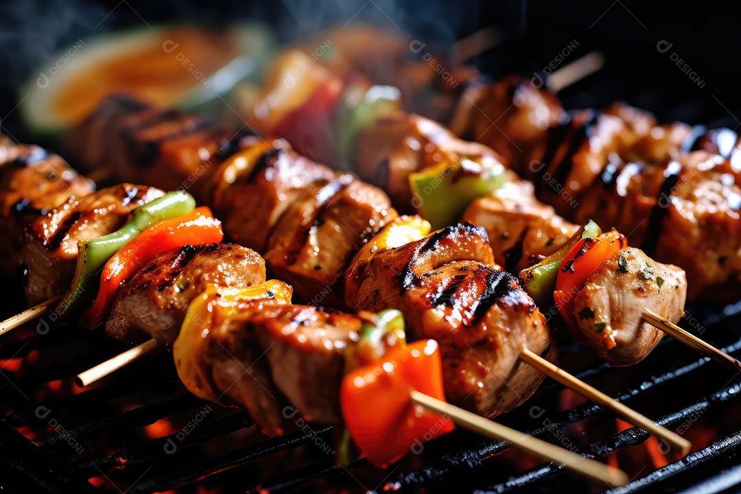 Bife de alcatra em pedaços no espeto na grelha, comida de churrasco.