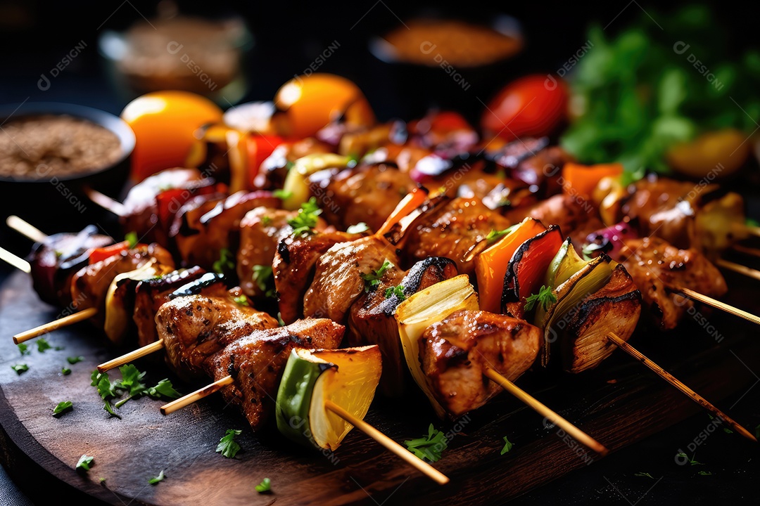 Bife de alcatra em pedaços no espeto na grelha, comida de churrasco.
