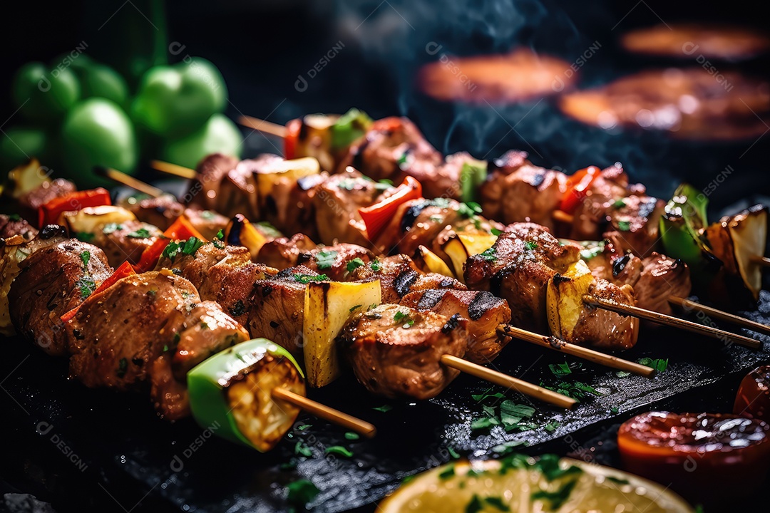 Bife de alcatra em pedaços no espeto na grelha, comida de churrasco.