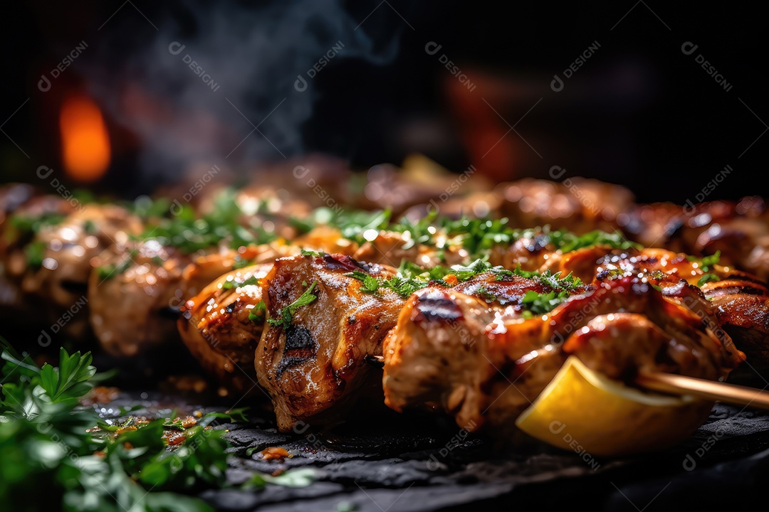 Bife de alcatra em pedaços no espeto na grelha, comida de churrasco.