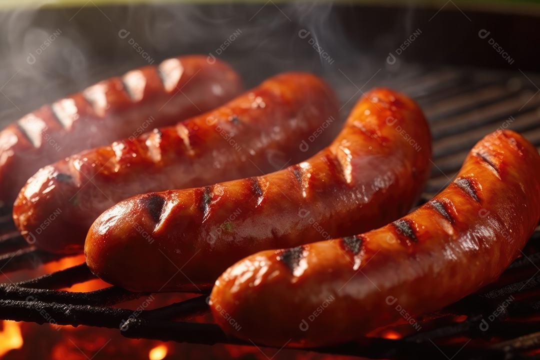 Linguiça de churrasco no espeto na grelha, comida de churrasco.