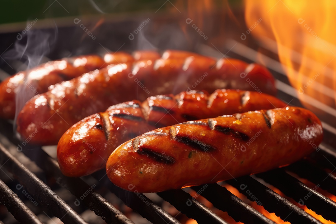 Linguiça de churrasco no espeto na grelha, comida de churrasco.