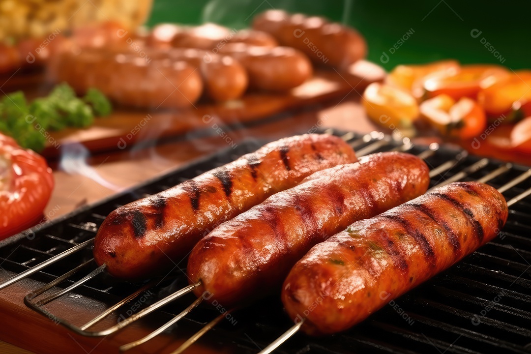 Linguiça de churrasco no espeto na grelha, comida de churrasco.