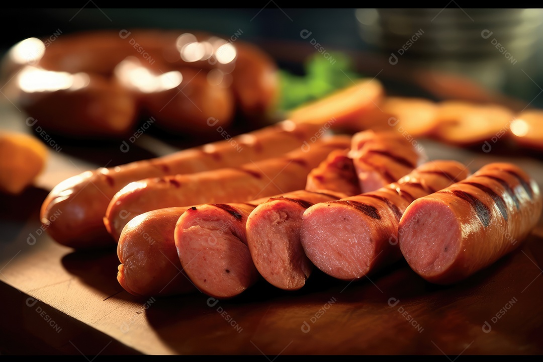 Linguiça de churrasco no espeto na grelha, comida de churrasco.