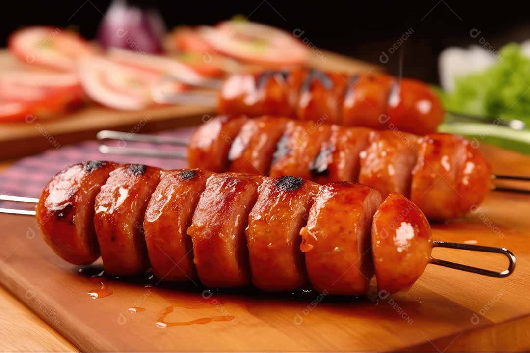 Linguiça de churrasco no espeto na grelha, comida de churrasco.