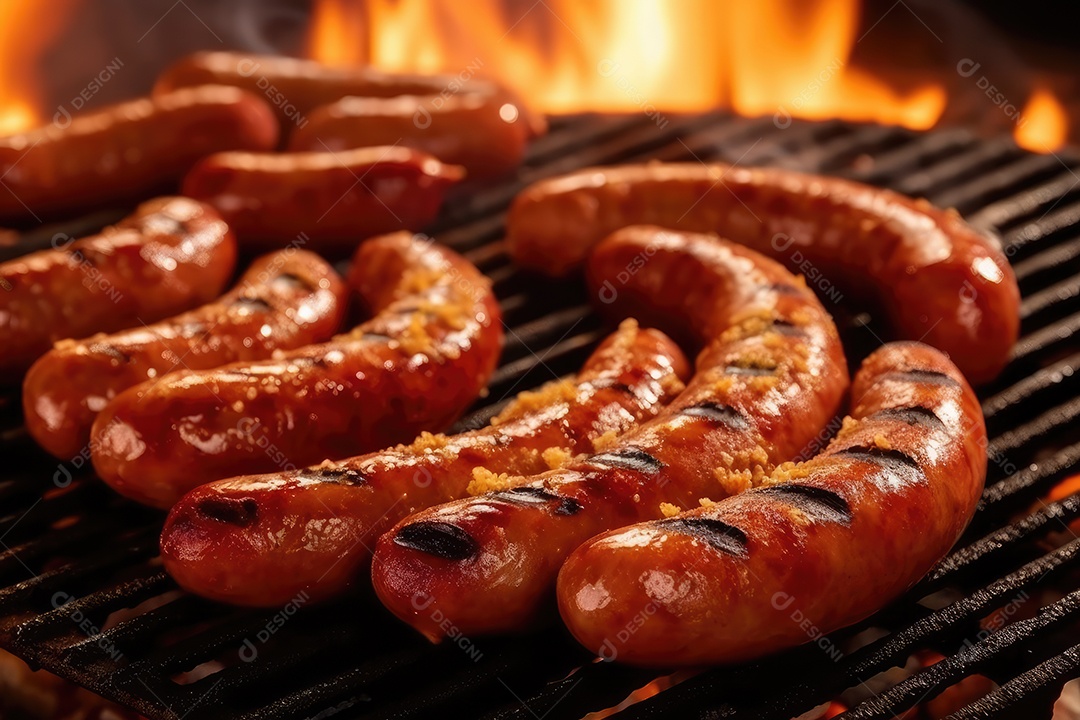 Linguiça de churrasco no espeto na grelha, comida de churrasco.