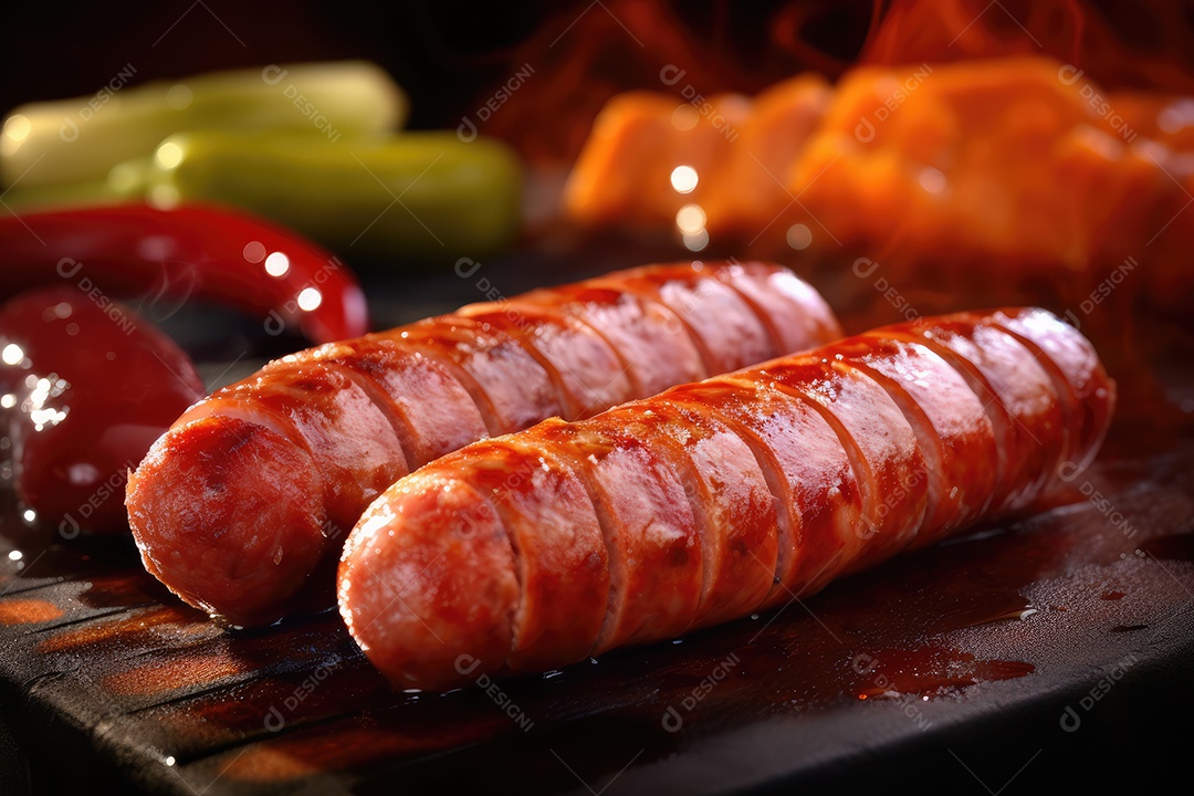 Linguiça de churrasco no espeto na grelha, comida de churrasco.