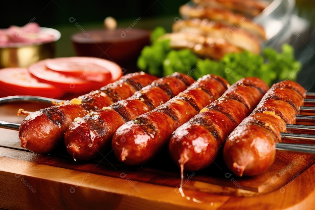 Linguiça de churrasco no espeto na grelha, comida de churrasco.