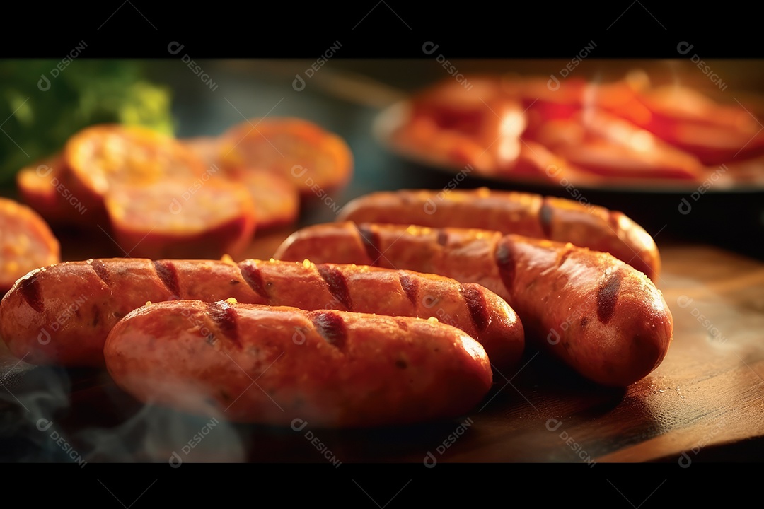 Linguiça de churrasco no espeto na grelha, comida de churrasco.