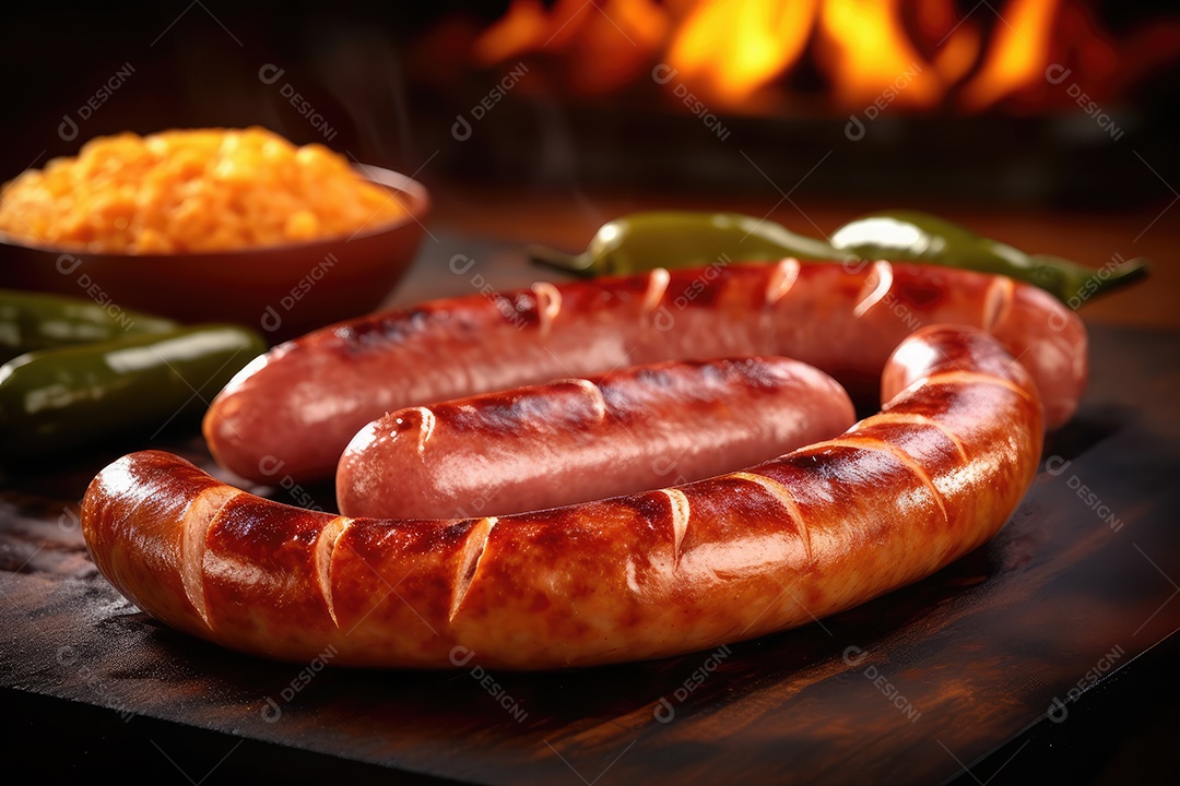 Linguiça de churrasco no espeto na grelha, comida de churrasco.