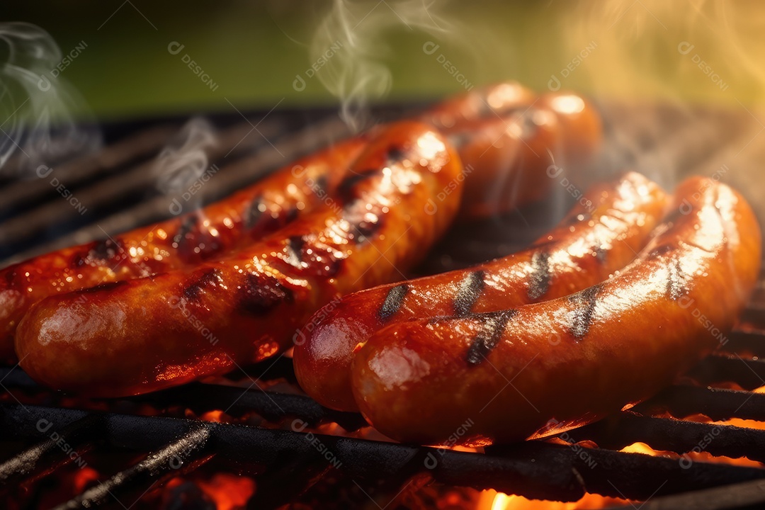 Linguiça de churrasco na grelha, comida de churrasco.