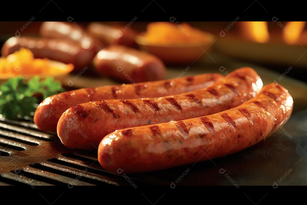 Linguiça de churrasco na grelha, comida de churrasco.