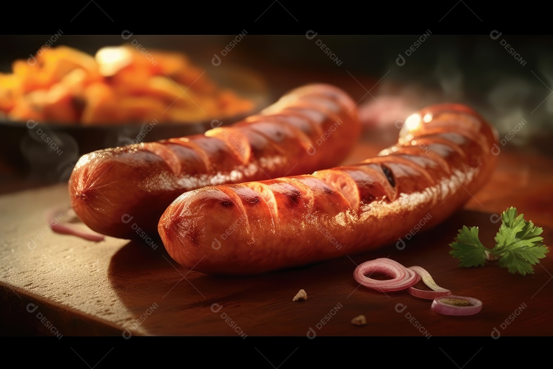 Linguiça de churrasco na grelha, comida de churrasco.