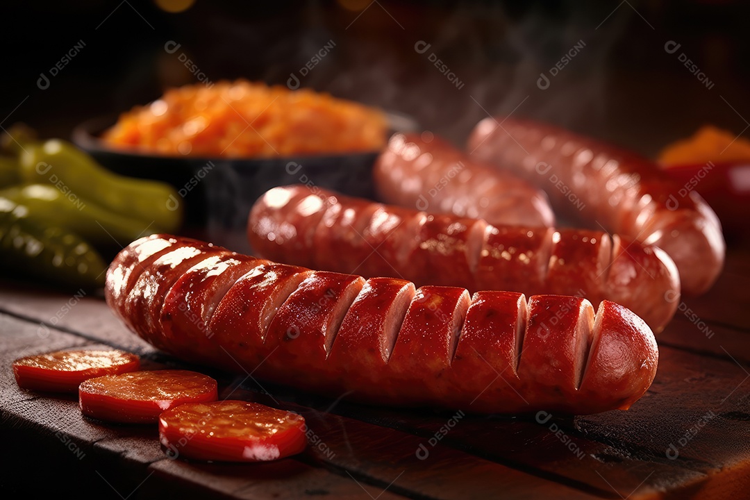 Linguiça de churrasco na grelha, comida de churrasco.