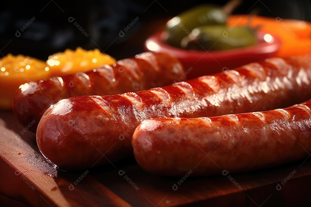 Linguiça de churrasco na grelha, comida de churrasco.