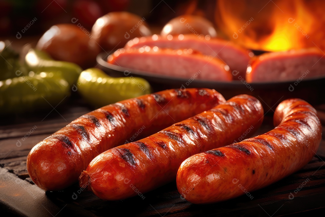 Linguiça de churrasco na grelha, comida de churrasco.