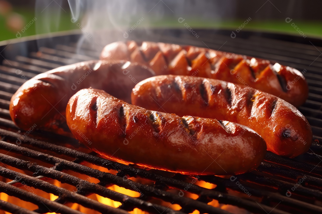 Linguiça de churrasco na grelha, comida de churrasco.