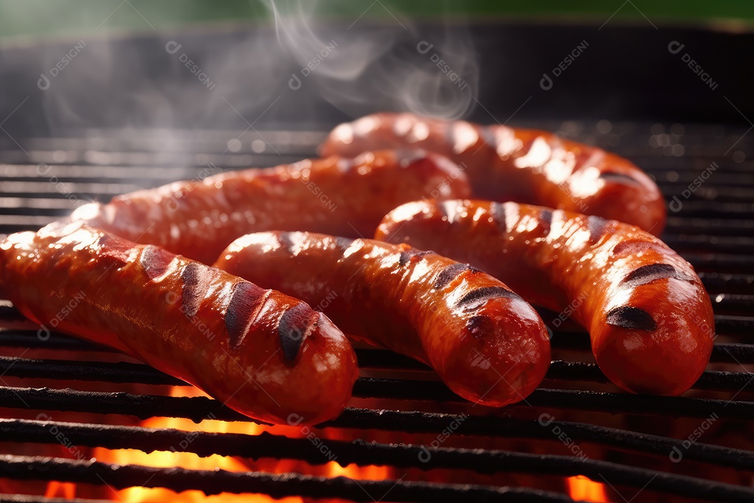 Linguiça de churrasco na grelha, comida de churrasco.