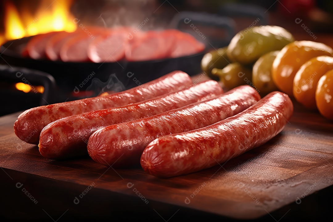 Linguiça de churrasco na grelha, comida de churrasco.