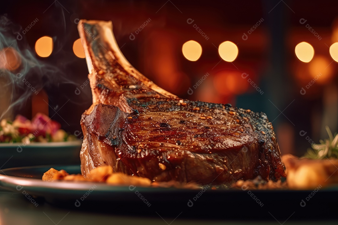 Delicioso e suculento T-bone ou bife tomahawk em uma tábua de corte de madeira, comida de festa de churrasco.