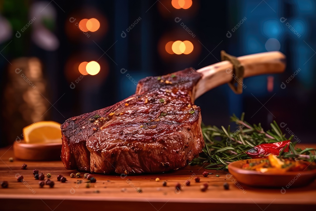 Delicioso e suculento T-bone ou bife tomahawk em uma tábua de corte de madeira, comida de festa de churrasco.