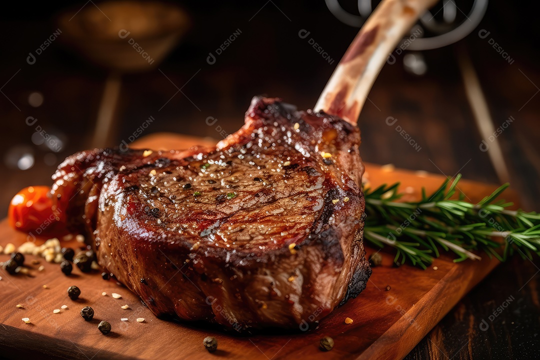 Delicioso e suculento T-bone ou bife tomahawk em uma tábua de corte de madeira, comida de festa de churrasco.