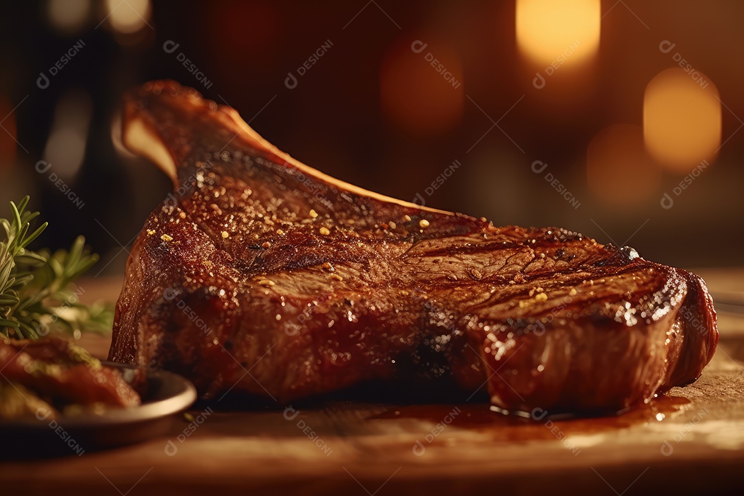 Delicioso e suculento T-bone ou bife tomahawk em uma tábua de corte de madeira, comida de festa de churrasco.