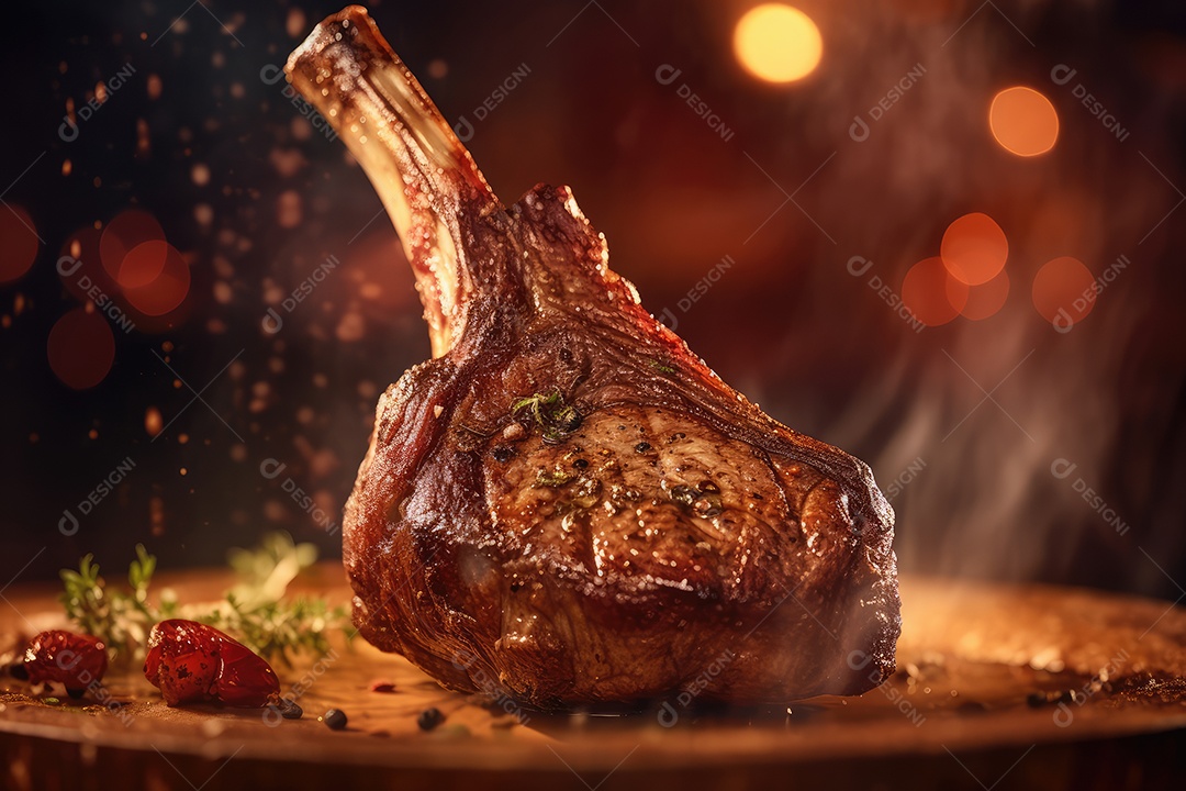 Delicioso e suculento T-bone ou bife tomahawk em uma tábua de corte de madeira, comida de festa de churrasco.