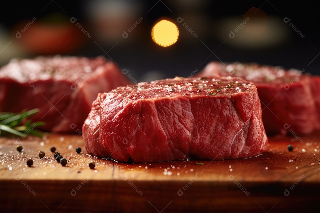 Carne fresca crua de angus para churrasco na grelha, em cima de tábua de madeira