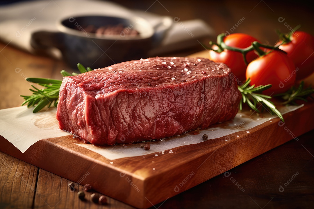 Carne fresca crua de angus para churrasco na grelha, em cima de tábua de madeira