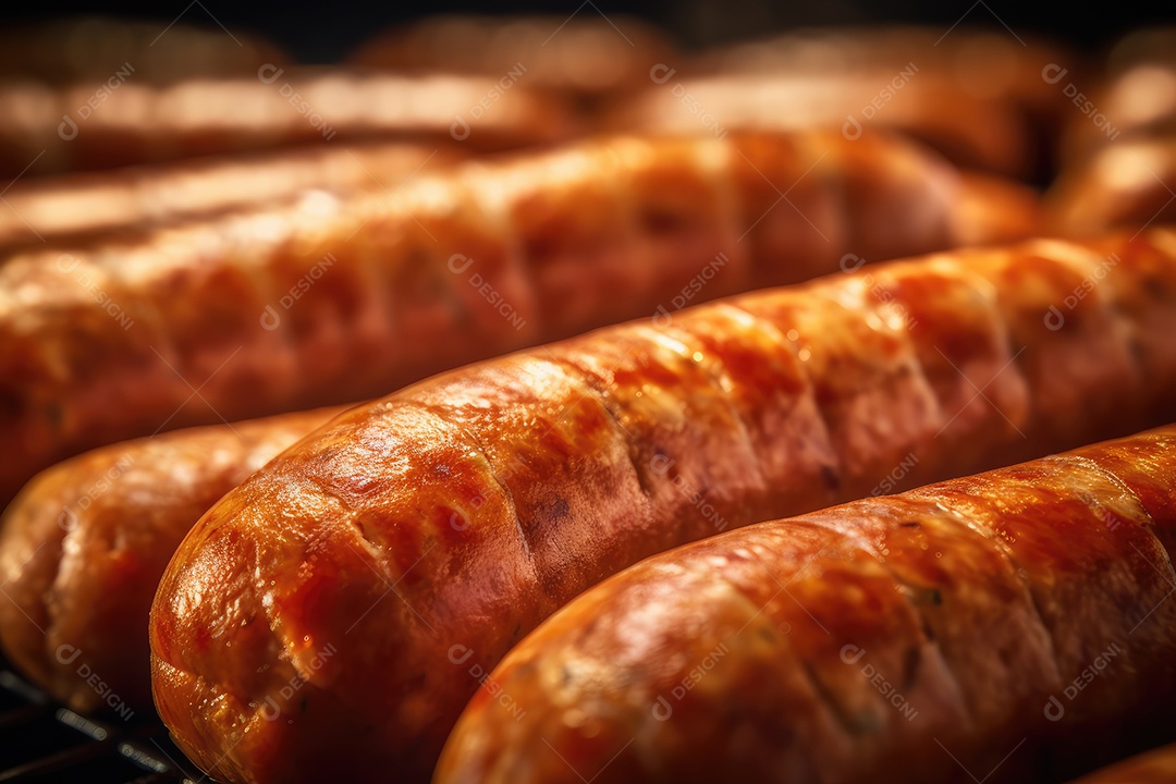 Linguiça de frango grelhada na tábua de madeira, comida de churrasco.