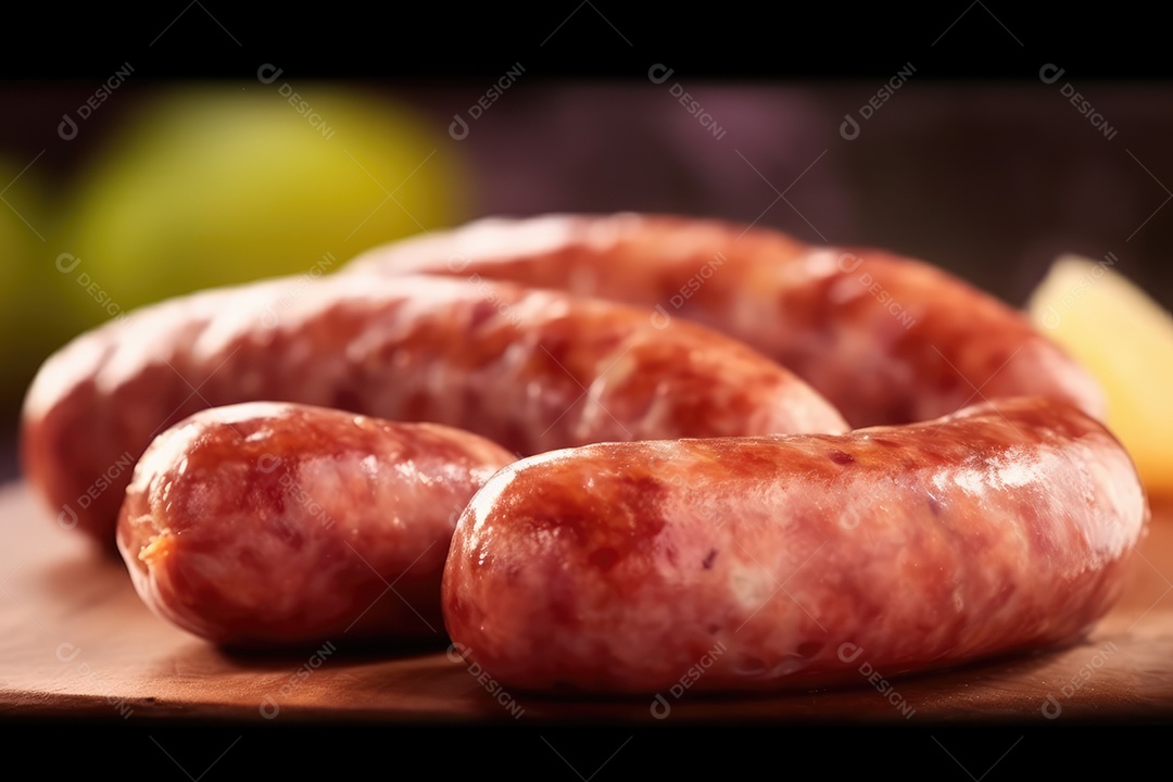 Linguiça de frango grelhada na tábua de madeira, comida de churrasco.