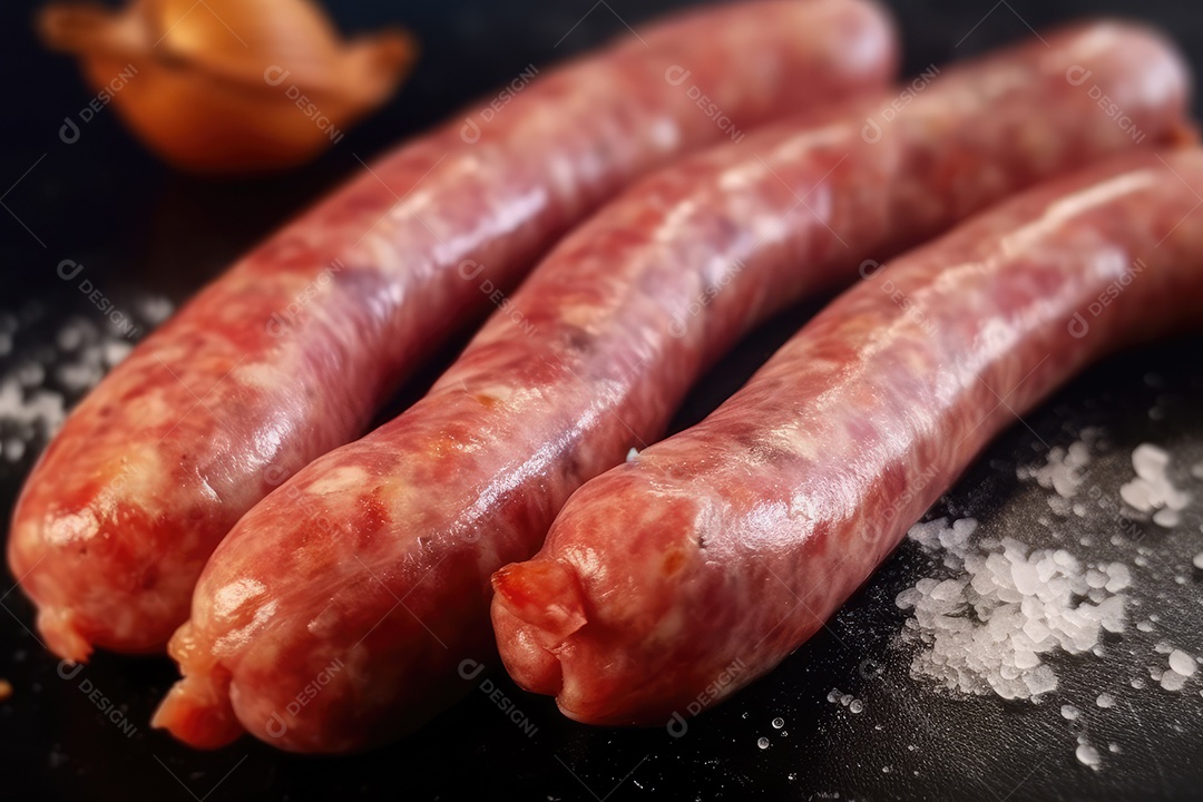 Linguiça de frango grelhada na tábua de madeira, comida de churrasco.