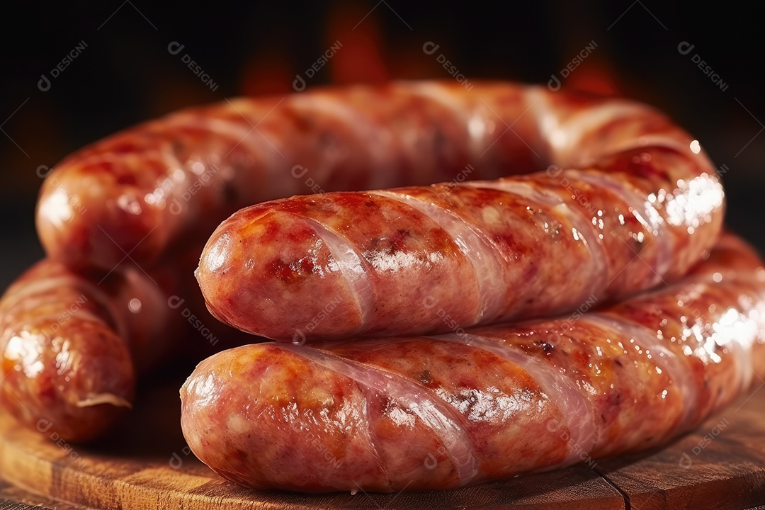 Linguiça de frango grelhada na tábua de madeira, comida de churrasco.