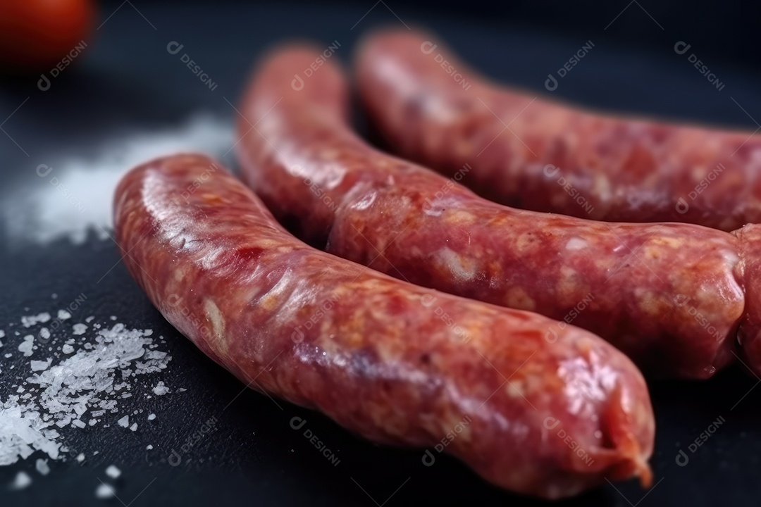 Linguiça de frango grelhada na tábua de madeira, comida de churrasco.