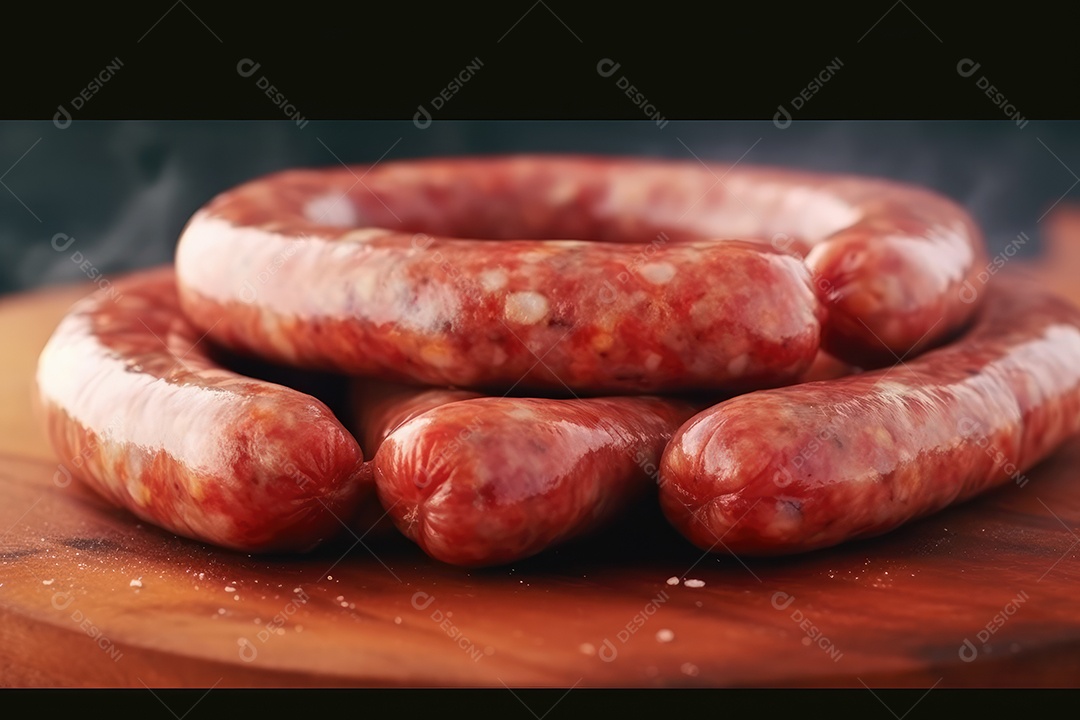 Linguiça de frango grelhada na tábua de madeira, comida de churrasco.