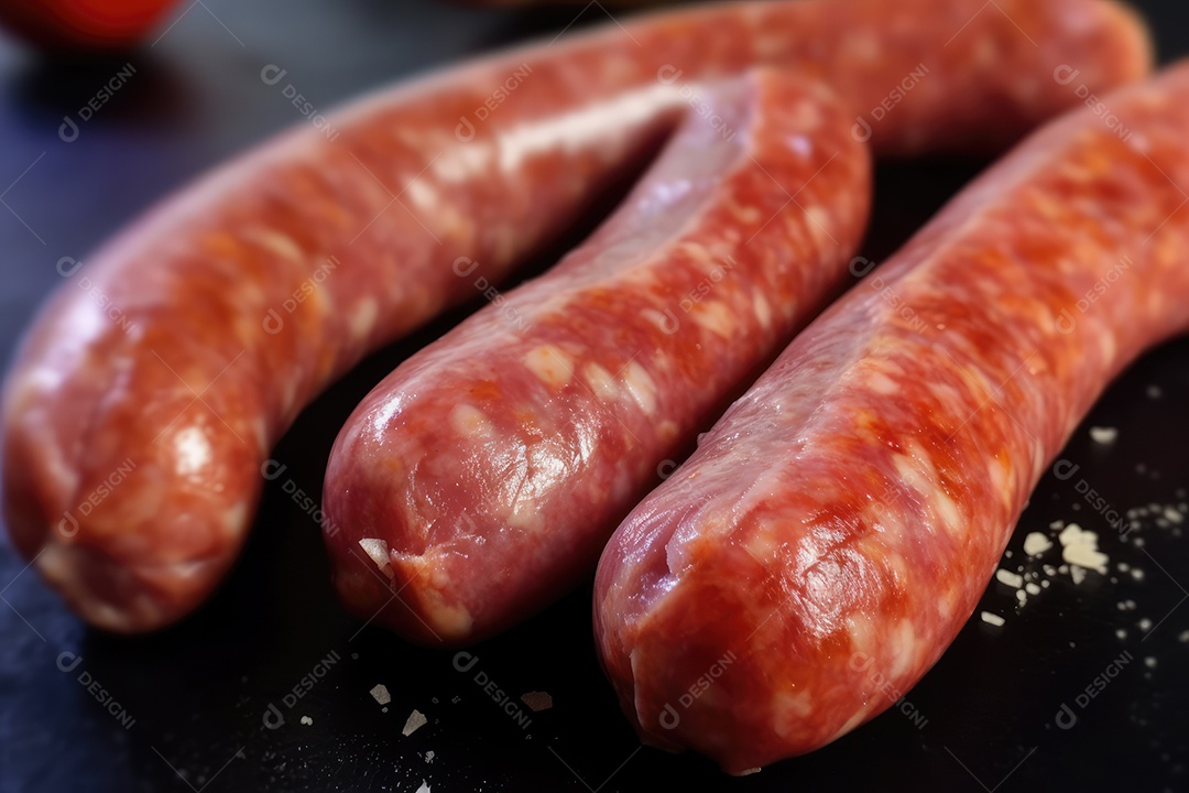 Linguiça de frango grelhada na tábua de madeira, comida de churrasco.