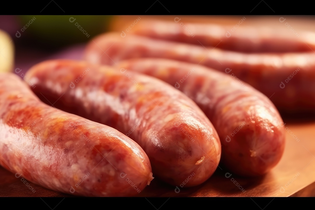 Linguiça de frango grelhada na tábua de madeira, comida de churrasco.