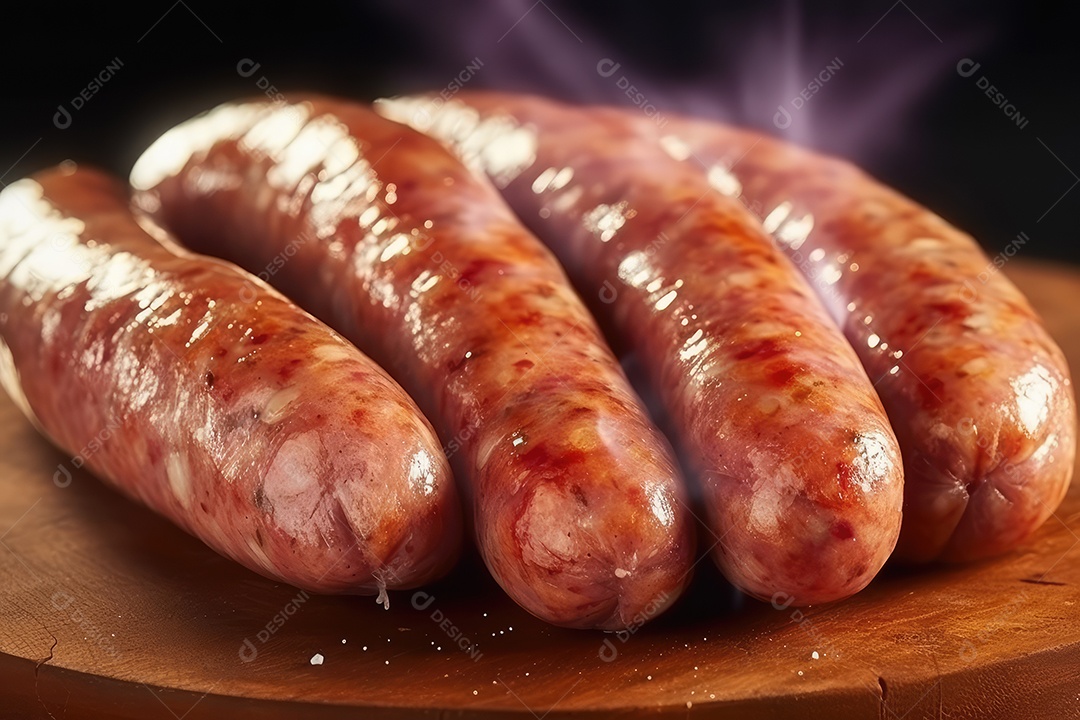 Linguiça de frango grelhada na tábua de madeira, comida de churrasco.