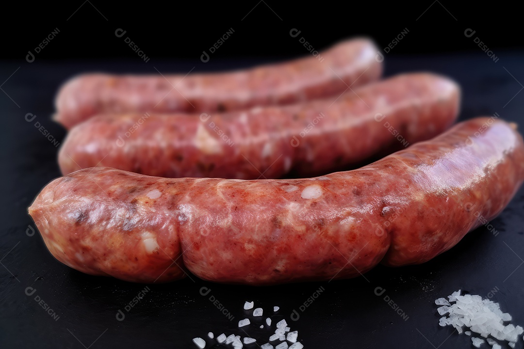 Linguiça de frango grelhada na tábua de madeira, comida de churrasco.