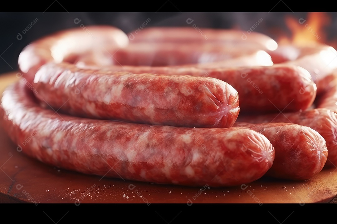 Linguiça de frango grelhada na tábua de madeira, comida de churrasco.