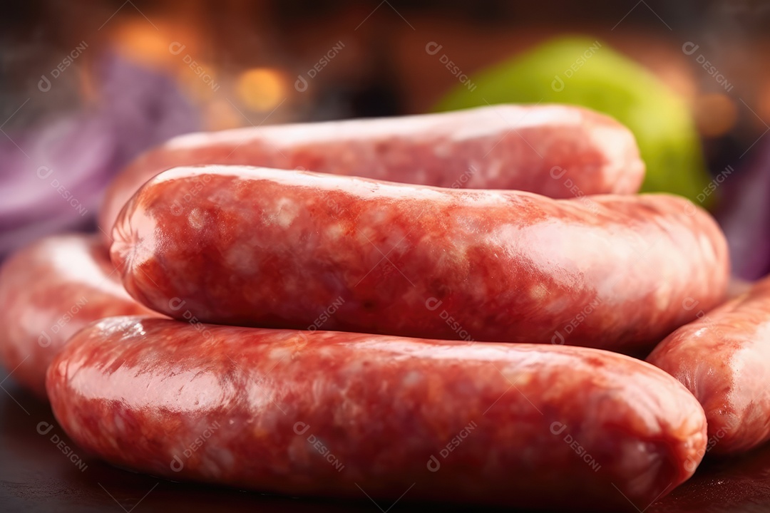 Linguiça de churrasco em close-up de espetos, comida de festa de churrasco.