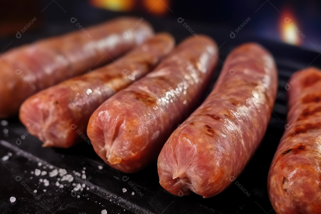 Linguiça de churrasco em close-up de espetos, comida de festa de churrasco.