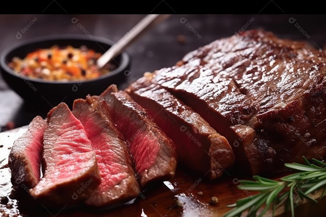 Suculento bife Angus ou bife do lombo grelhado na brasa, fatiado malpassado em tábua de madeira.