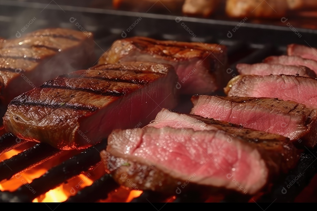 Suculento bife Angus ou bife do lombo grelhado na brasa, fatiado malpassado em tábua de madeira.