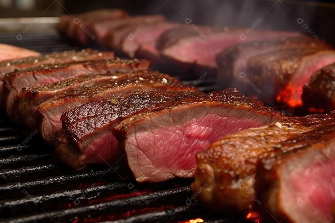 Suculento bife Angus ou bife do lombo grelhado na brasa, fatiado malpassado em tábua de madeira.